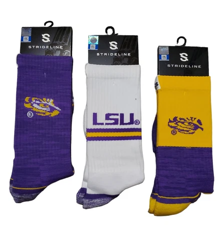 LSU Tigers Socks Knit NCAA Strideline Licensed Premium Atheltic Wear 3 Pack Lot Cover