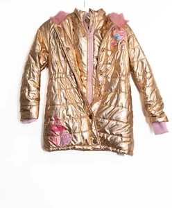 Girls Metallic Gold Quilted Coat With Pink Faux Fur Hood & Fleece Lining Full Zi - Picture 1 of 6