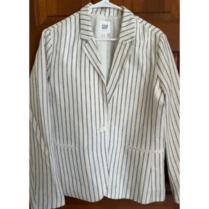 Gap Linen Chalk-Striped Blazer Womens 16 Navy Lined Oversized Relaxed Fit Office - Picture 1 of 17