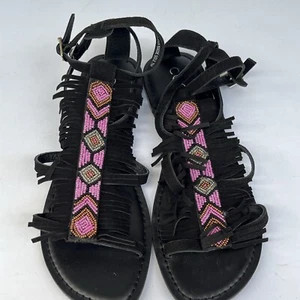 Coconuts by Matisse Lewis Leather Beaded Fringe Ankle Strap Sandals Sz 7 Boho - Picture 1 of 7