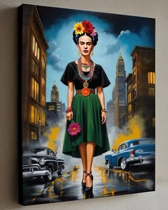 Frida Kahlo in the city OOAK Mixed Media on Canvas, Fan Art 40X30cm w/COA Hitt - Picture 1 of 2