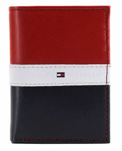 BRAND NEW Rfid Red Navy Tommy Hilfiger Men's Premium Leather Trifold Wallet - Picture 1 of 7