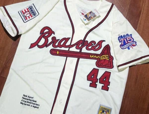 Brand New Atlanta Braves #44 Hank Aaron Cooperstown 2patch sewn Jersey Ivory MEN - Picture 1 of 12