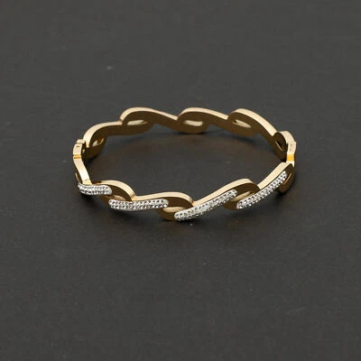 Damen Edelstahl Armband Armreif Goldfarben Strasssteine Zopf Muster Geschenk - Bild 1 von 4