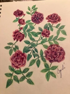 dibujo a lápiz original color de flores de rosa - Imagen 1 de 1