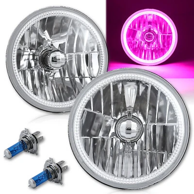 7" SMD Pink LED Halo Angel Eye H4 Headlamp Headlight Halogen Light Bulb Pair - Image 1 of 4