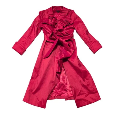 Samuel Dong Red Ruffle Belted Trench Coat XS Petite Taffeta Dressy - Image 1 of 4