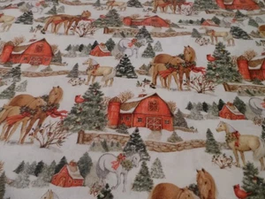 white 100% cotton with houses horses and tree x1/2 metre - Picture 1 of 4