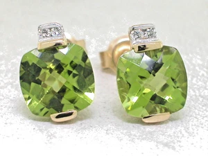 Paar Peridot Ohrstecker 585 Gelbgold 14Kt Gold natürliche Peridots 4 Brillanten  - Bild 1 von 4