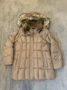Lands' End Damen Kunstfellbesatz Kapuze Daunen Winter Puffer Mantel Braun Größe Medium - Bild 1 von 8