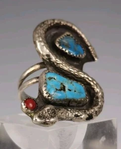 Vintage Zuni Turquoise Coral Sterling Silver Snake Ring Size 8.75 - Picture 1 of 5