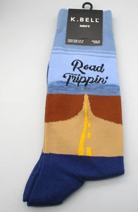 K. BELL~Sock 10-13~Men's Chambray Blue Traveling ROAD TRIPPIN' Casual Crew Socks - Picture 1 of 4
