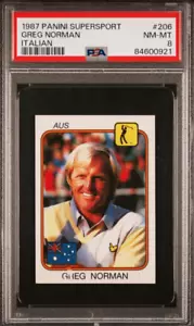 Tarjeta de novato 1987 Panini Supersport Reino Unido #206 Greg Norman RC PSA 8 casi nueva-como nueva Pop 3 HOF - Imagen 1 de 2