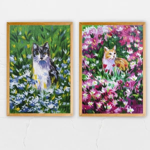SET A6 A5 ACEO Print Cat in Flower garden Painting - Picture 1 of 7