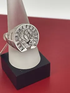 STERLING SILVER RING EAGLE HORSE SHOE WHITE STONES SZ 10.5 MENs GOOD LUCK - Picture 1 of 12