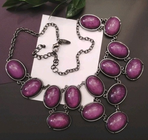 VETEMENTS Collana NY NEW YORK Gunmetal Tone Viola Maculato Cabachon Acrilico Perline 18"+!