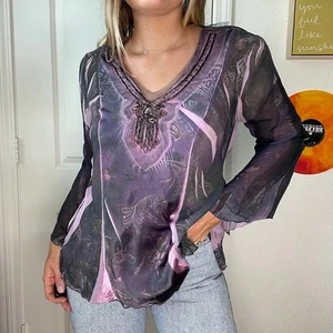 Vintage Y2K 2000s B.L.E.U Purple Fairy Flowy Beaded All Over Print Top Sz S - Picture 1 of 4