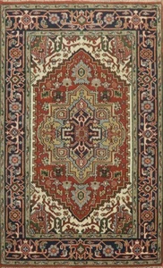 Indian Hand-made Geometric Oriental Rug 4x6 Rust/ Navy Blue Wool Carpet - Picture 1 of 12