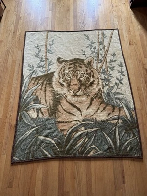 Vintage Ibena Dolan Tiger & Bamboo Blanket Reversible 5 ft X 4 Ft Iconic - Image 1 of 4