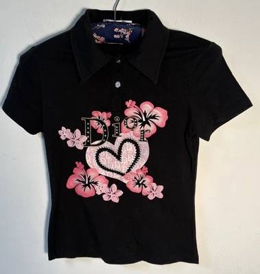 Vintage Christian Dior Womens Black Polo shirt Pink Hibiscus Floral Graphic Medi - Image 1 of 4