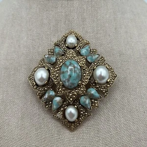 Vintage Sarah Coventry Faux Turquoise Faux Pearl Brooch Pin Pendant Gold Tone - Picture 1 of 2