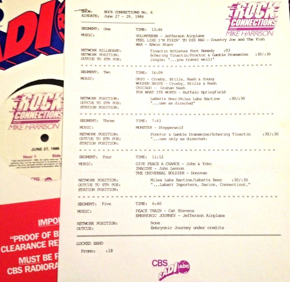 6/27/86 MIKE HARRISON'S 'ROCK CONNECTIONS' GOLDEN ERA OF FM ALBUM ROCK,1967-1975 - Image 1 of 1