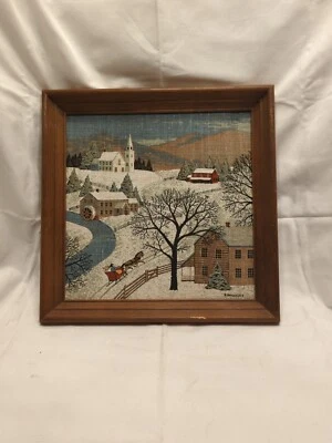Framed Linen Signed R. Batchelder Fabric Print Farm Barn Hills Fence Hay Wagon - Image 1 of 4