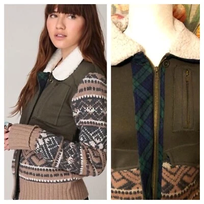 Chaqueta de bombardero XS Free People We the Free Lambs de lana y algodón verde Fair Isle Foto 1 de 4