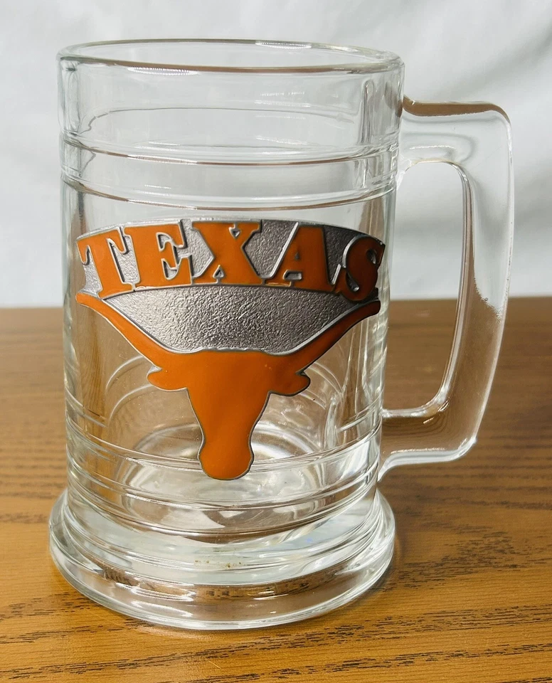 TEXAS Longhorns UT Beer Mug PEWTER Accent LOGO Emblem 12oz GLASS Beer MUG - Image 1 of 3