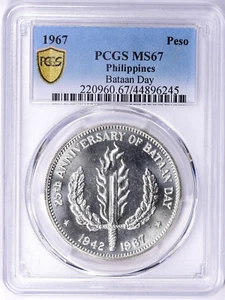 1967 Philippines Bataan Day One Peso PCGS MS67 Top Pop 5/0 White Shiny Semi-PL - Picture 1 of 5