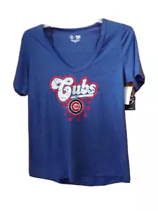 CHICAGO CUBS Women's Blue V-Neck Tee Shirt~Women's Size SMALL~New w/Tags - Picture 1 of 2