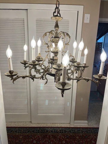 Vintage Huge Spanish 6 Arm & 12 Lights Brass Chandelier Candelabra Ornate Wowza! Cover