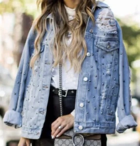 Übergroße TOPSHOP Distressed Moto Denim Jacke hellblau Denim nieten US 8 $ 150 - Bild 1 von 17