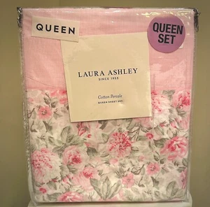 Laura Ashley Queen Cotton Percale Sheet Set Floral Roses Aveline Pink 4pc - Picture 1 of 7