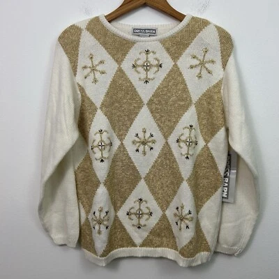 Nuevo con etiquetas Suéter Dressbarn Mediano Y2K Crema Dorado Metálico Argyle Tejido Pullover Jersey Foto 1 de 4