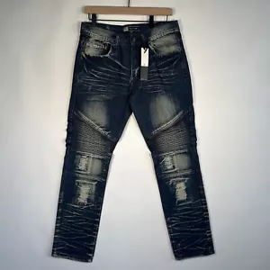 Men’s Ripped Pleated Slim fit MC Jeans Stretch Distressed Blue Biker Pants - Picture 1 of 7