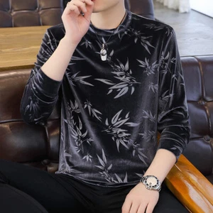 Men Floral Velvet Tops T-shirts Shirts Blouse Basic Casual Retro Ethnic Fashion - Picture 1 of 12