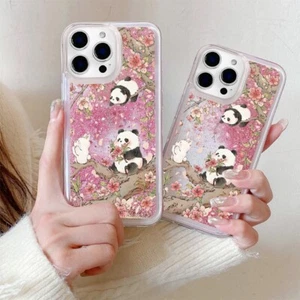 For Various Phone Quicksand Flower Panda Case Liquid Glitter Cover Women Girls - Picture 1 of 13