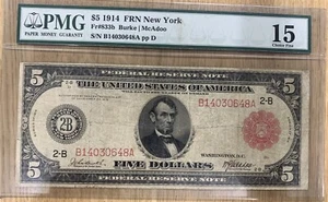 FR.833b $5 1914 FRB New York RED SEAL PMG Fine 15 949014-7 - Picture 1 of 2