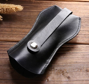 men women key case chain ring holder pocket genuine cow Leather pouch black H504 - Picture 1 of 3