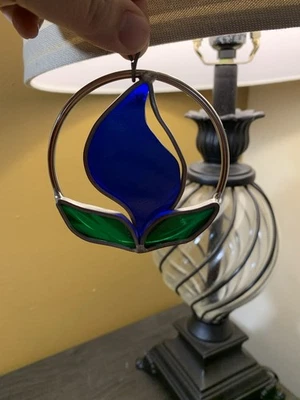 "Vitral colgante redondo vintage atrapasol llama azul geométrico 3""" Foto 1 de 4