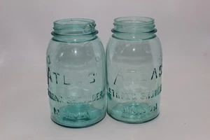 2 VINTAGE ATLAS STARKE SCHULTER 1 QUART BLAU GLAS EINMACHGLÄSER C - Bild 1 von 3
