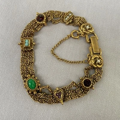 VTG Signed GOLDETTE NY Rare Collectors Victorian Slide Rhinestone Charm Bracelet - Image 1 of 4