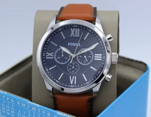 NEW AUTHENTIC FOSSIL FLYNN SILVER BROWN LEATHER CHRONOGRAPH BQ2125 MEN WATCH - Picture 1 of 17