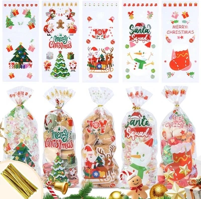 Bolsas de galletas de Navidad, 100 piezas (5 diseños) con bolsa de golosinas Twist Ties – Navidad Foto 1 de 4