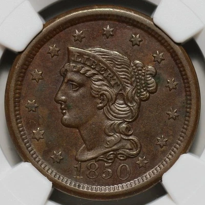 1850 Braided Hair Liberty Head Large Cent (NGC AU-53 BN) - US 1c Copper Coin - Image 1 of 4