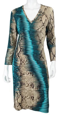 Vestido Vaina ROBERTO CAVALLI Azul y Beige Estampado Piel de Serpiente Jersey Cuello en V 48 Foto 1 de 4