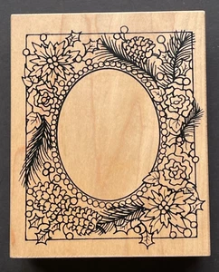 Pines Holly Poinsettia Christmas Holiday Symbols Circle Frame Wood Rubber Stamp - Picture 1 of 4