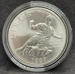 1997-S UNC Jackie Robinson Commemorative 90% Silver Dollar Box, Capsule, & COA! - Bild 1 von 6