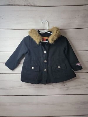 Abrigo negro con capucha de piel 4T invierno Apple Bottom para niñas Foto 1 de 4